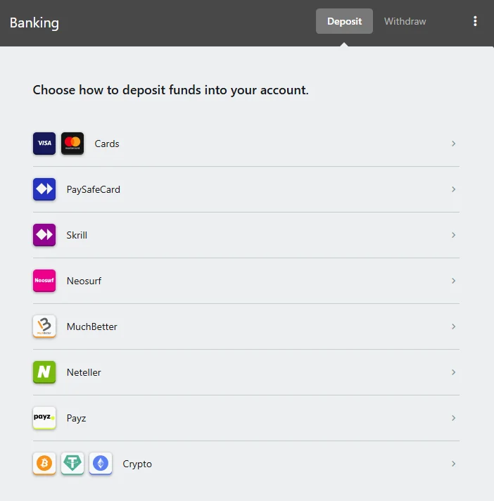 The Casino Kingdom cashier listing cards, e-wallets, vouchers and crypto