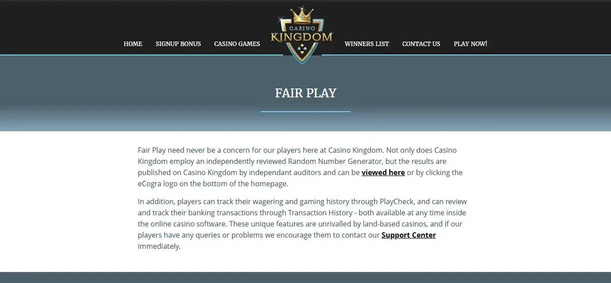 The fair play page on the Casino Kingdom site
